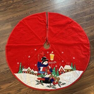 Prime Creations  Red Snowman Christmas Tree Skirt Snowflakes Decoration 43"